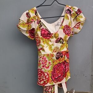 Nanette Lepore Cream Blouse with Red and Green Floral Design